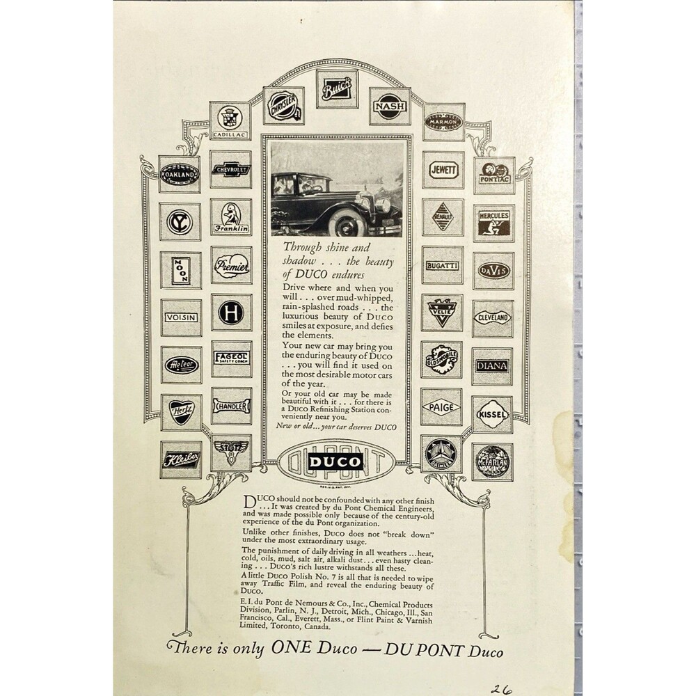 Dupont Duco Finish "Through Shine & Shadow Duco Beauty Endures"Vtg Print Ad 1926